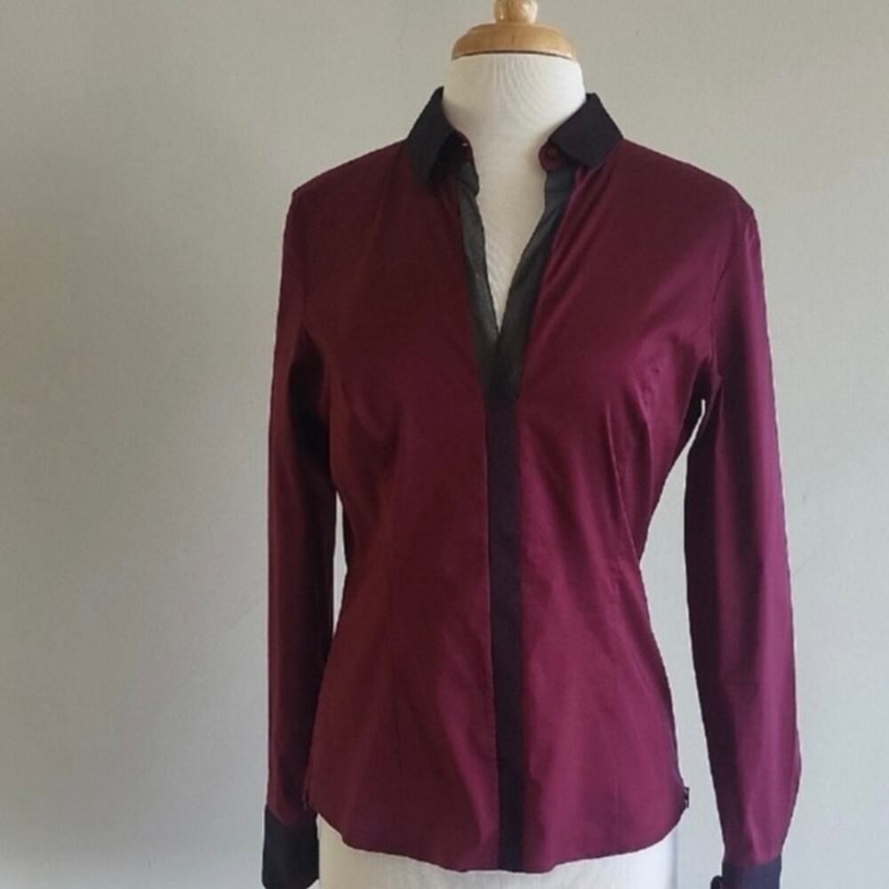 BOSS Hugo Boss Maroon w Black Trim L/S Side Zippers Blouse -Women's Sz 0
